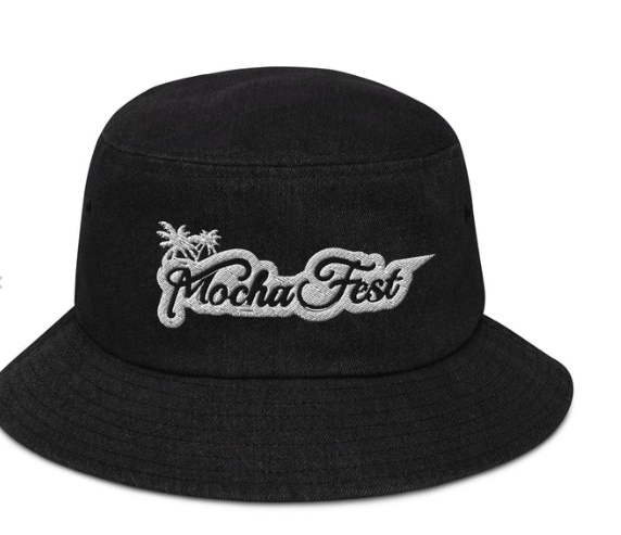 Black Denim Bucket Hat with "Mocha Fest" Inscribe in a negative space style embroidery. The stitching that forms the space around the word Mocha Fest is Grey.   